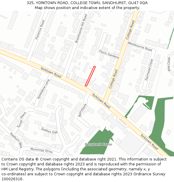 325, YORKTOWN ROAD, COLLEGE TOWN, SANDHURST, GU47 0QA: Location map and indicative extent of plot