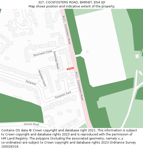 327, COCKFOSTERS ROAD, BARNET, EN4 0JY: Location map and indicative extent of plot