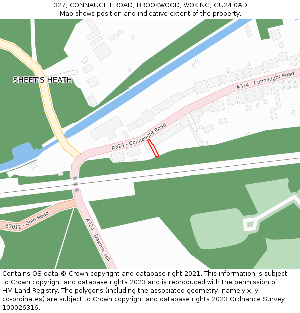 327, CONNAUGHT ROAD, BROOKWOOD, WOKING, GU24 0AD: Location map and indicative extent of plot