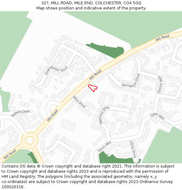 327, MILL ROAD, MILE END, COLCHESTER, CO4 5GQ: Location map and indicative extent of plot