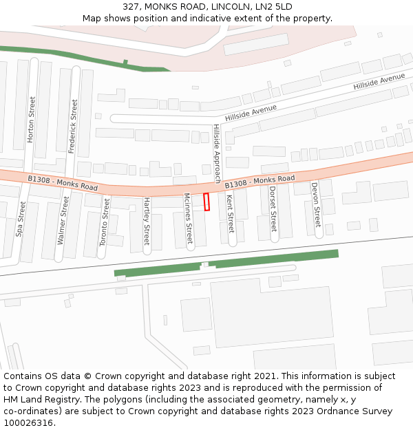 327, MONKS ROAD, LINCOLN, LN2 5LD: Location map and indicative extent of plot