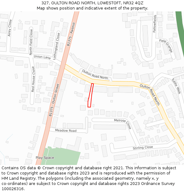 327, OULTON ROAD NORTH, LOWESTOFT, NR32 4QZ: Location map and indicative extent of plot