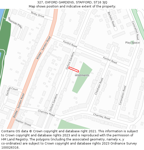 327, OXFORD GARDENS, STAFFORD, ST16 3JQ: Location map and indicative extent of plot
