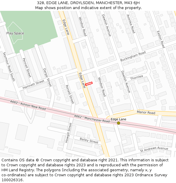 328, EDGE LANE, DROYLSDEN, MANCHESTER, M43 6JH: Location map and indicative extent of plot
