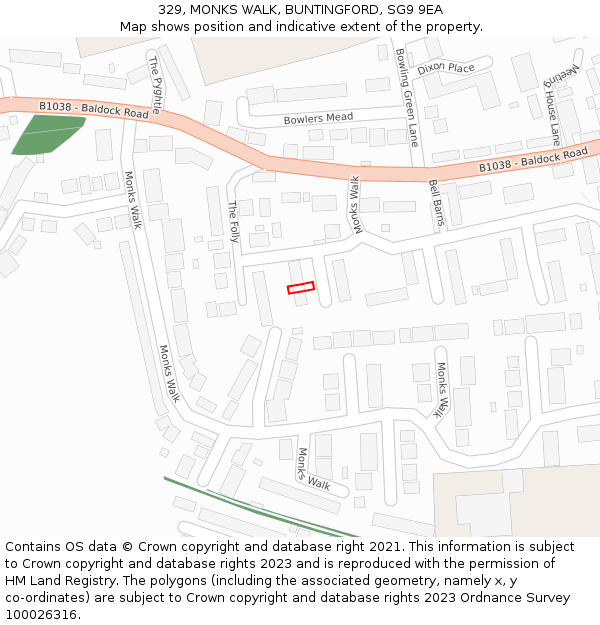 329, MONKS WALK, BUNTINGFORD, SG9 9EA: Location map and indicative extent of plot