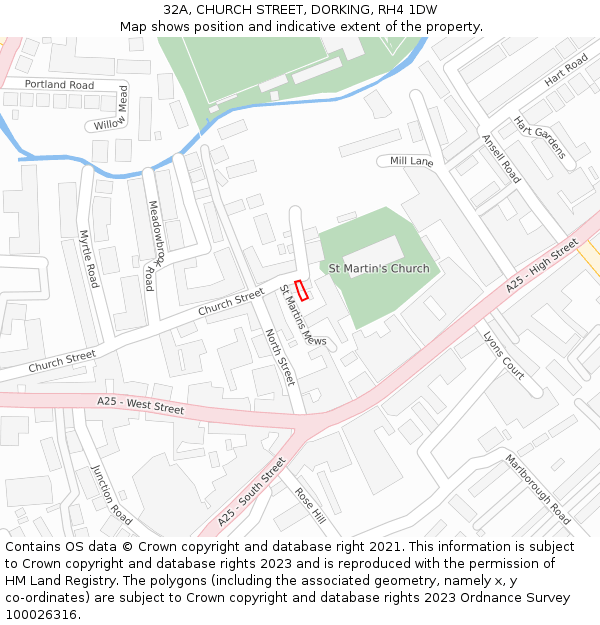 32A, CHURCH STREET, DORKING, RH4 1DW: Location map and indicative extent of plot