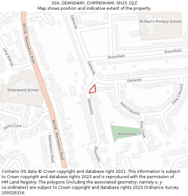 32A, DEANSWAY, CHIPPENHAM, SN15 1QZ: Location map and indicative extent of plot