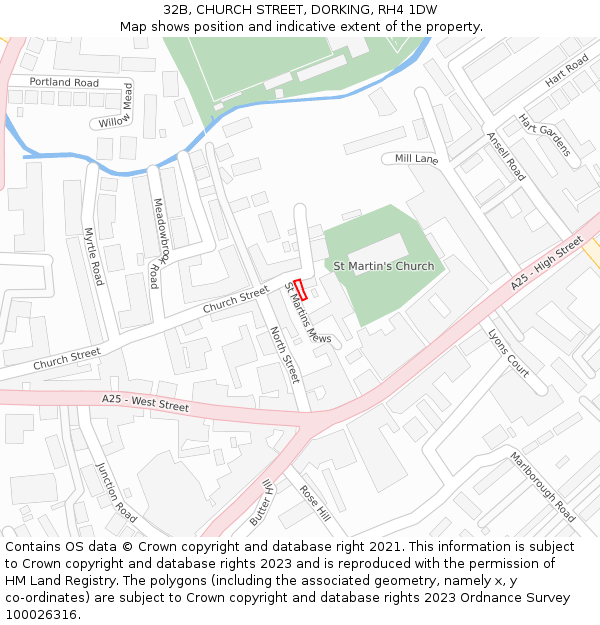 32B, CHURCH STREET, DORKING, RH4 1DW: Location map and indicative extent of plot