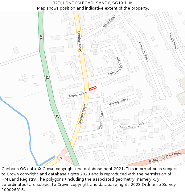 32D, LONDON ROAD, SANDY, SG19 1HA: Location map and indicative extent of plot