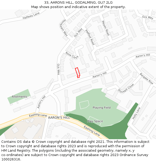 33, AARONS HILL, GODALMING, GU7 2LG: Location map and indicative extent of plot