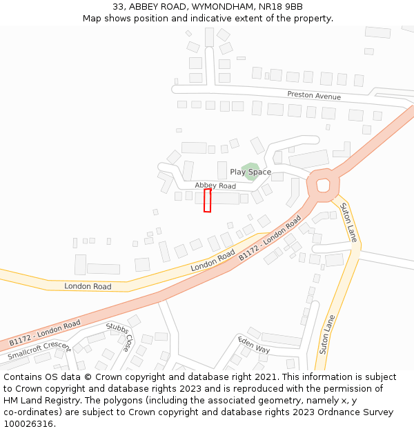 33, ABBEY ROAD, WYMONDHAM, NR18 9BB: Location map and indicative extent of plot