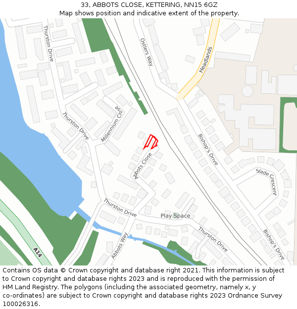 33, ABBOTS CLOSE, KETTERING, NN15 6GZ: Location map and indicative extent of plot