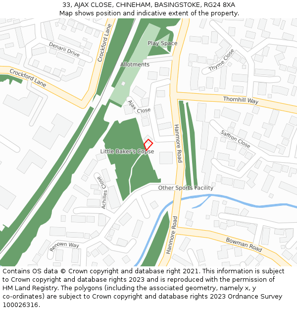 33, AJAX CLOSE, CHINEHAM, BASINGSTOKE, RG24 8XA: Location map and indicative extent of plot