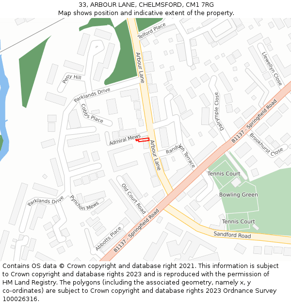 33, ARBOUR LANE, CHELMSFORD, CM1 7RG: Location map and indicative extent of plot