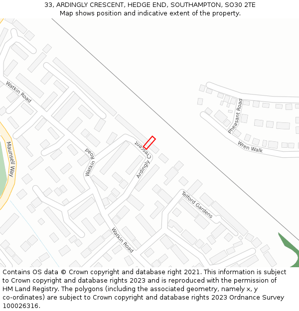 33, ARDINGLY CRESCENT, HEDGE END, SOUTHAMPTON, SO30 2TE: Location map and indicative extent of plot