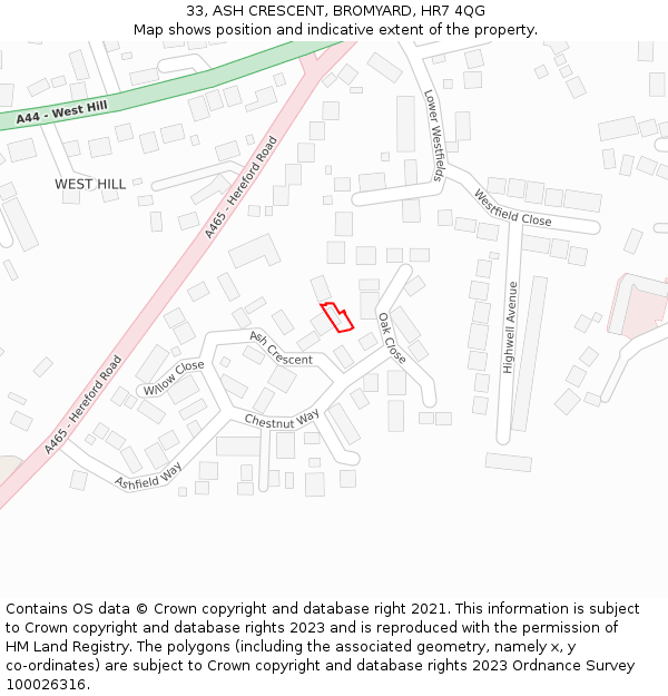 33, ASH CRESCENT, BROMYARD, HR7 4QG: Location map and indicative extent of plot