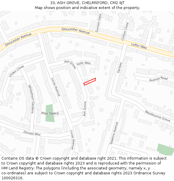 33, ASH GROVE, CHELMSFORD, CM2 9JT: Location map and indicative extent of plot