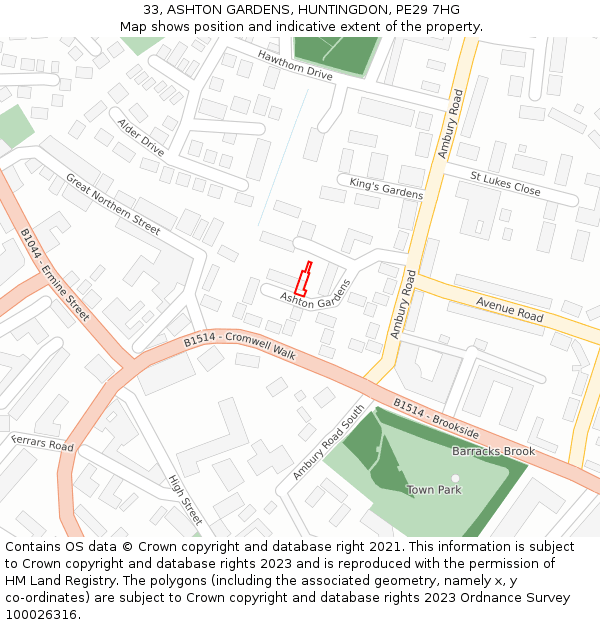 33, ASHTON GARDENS, HUNTINGDON, PE29 7HG: Location map and indicative extent of plot