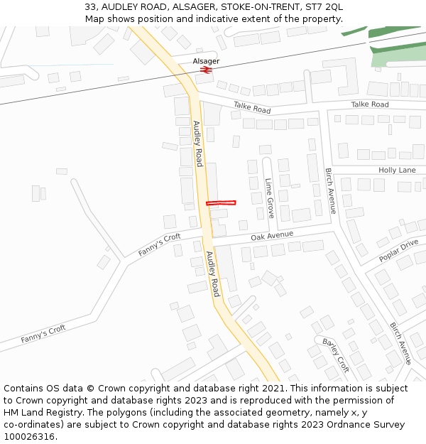 33, AUDLEY ROAD, ALSAGER, STOKE-ON-TRENT, ST7 2QL: Location map and indicative extent of plot
