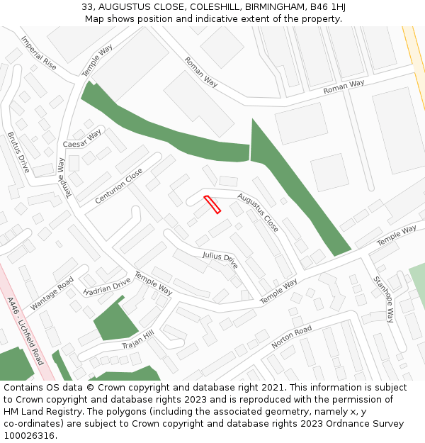 33, AUGUSTUS CLOSE, COLESHILL, BIRMINGHAM, B46 1HJ: Location map and indicative extent of plot