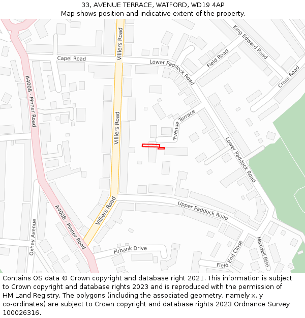 33, AVENUE TERRACE, WATFORD, WD19 4AP: Location map and indicative extent of plot