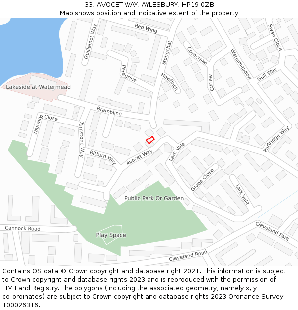 33, AVOCET WAY, AYLESBURY, HP19 0ZB: Location map and indicative extent of plot