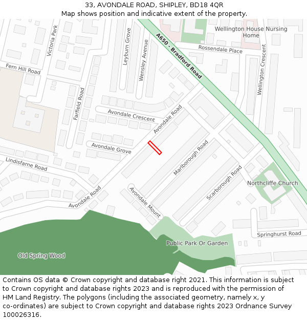 33, AVONDALE ROAD, SHIPLEY, BD18 4QR: Location map and indicative extent of plot