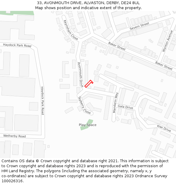 33, AVONMOUTH DRIVE, ALVASTON, DERBY, DE24 8UL: Location map and indicative extent of plot