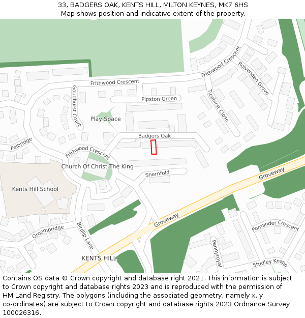 33, BADGERS OAK, KENTS HILL, MILTON KEYNES, MK7 6HS: Location map and indicative extent of plot