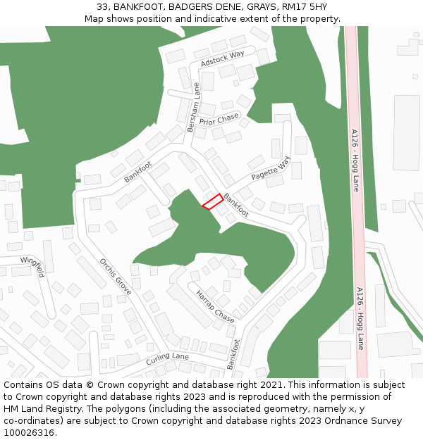 33, BANKFOOT, BADGERS DENE, GRAYS, RM17 5HY: Location map and indicative extent of plot