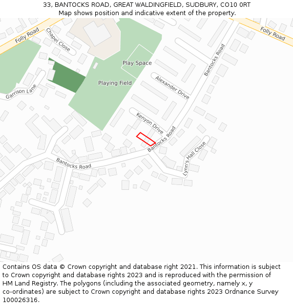 33, BANTOCKS ROAD, GREAT WALDINGFIELD, SUDBURY, CO10 0RT: Location map and indicative extent of plot