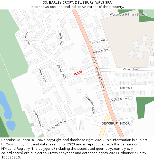 33, BARLEY CROFT, DEWSBURY, WF13 3RA: Location map and indicative extent of plot