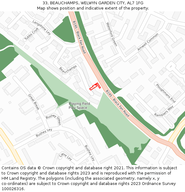 33, BEAUCHAMPS, WELWYN GARDEN CITY, AL7 1FG: Location map and indicative extent of plot