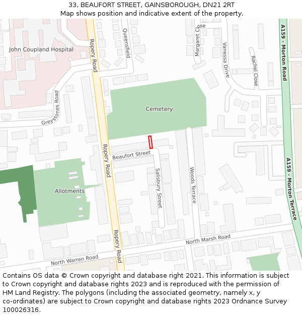 33, BEAUFORT STREET, GAINSBOROUGH, DN21 2RT: Location map and indicative extent of plot