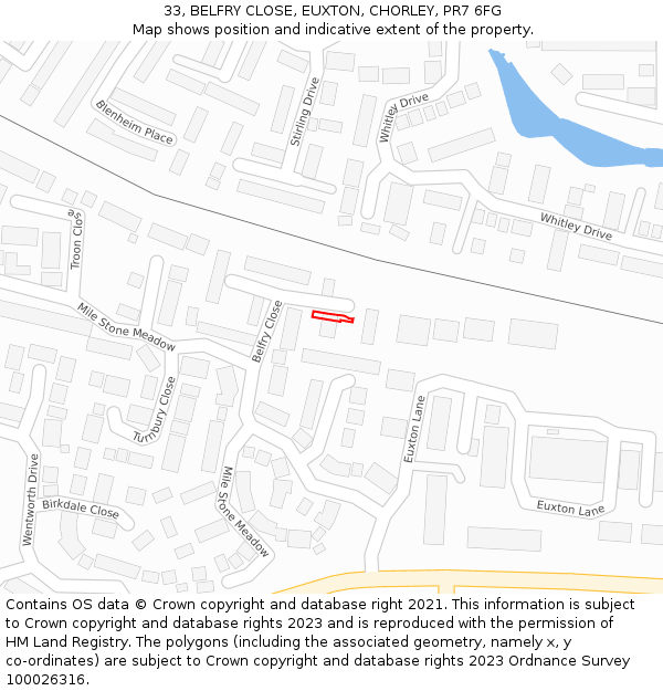 33, BELFRY CLOSE, EUXTON, CHORLEY, PR7 6FG: Location map and indicative extent of plot