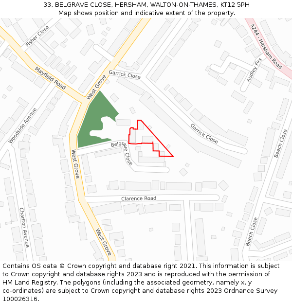 33, BELGRAVE CLOSE, HERSHAM, WALTON-ON-THAMES, KT12 5PH: Location map and indicative extent of plot