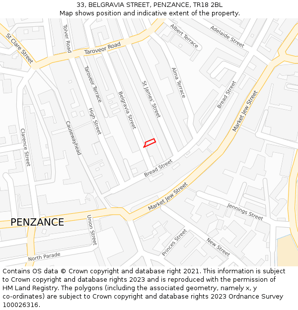 33, BELGRAVIA STREET, PENZANCE, TR18 2BL: Location map and indicative extent of plot
