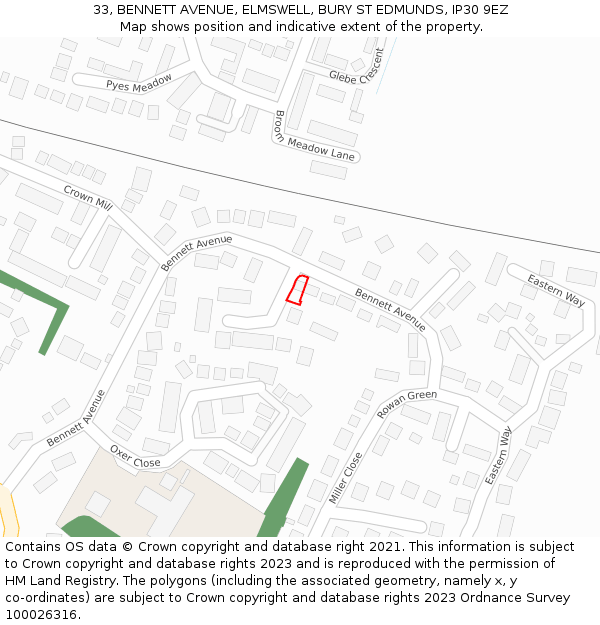 33, BENNETT AVENUE, ELMSWELL, BURY ST EDMUNDS, IP30 9EZ: Location map and indicative extent of plot