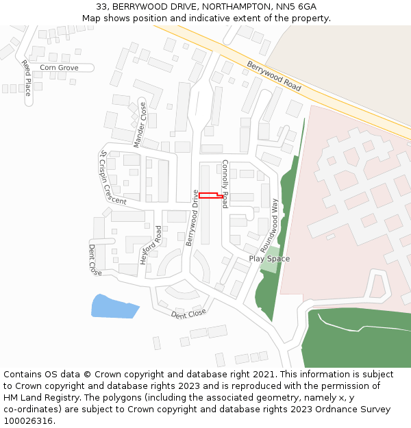 33, BERRYWOOD DRIVE, NORTHAMPTON, NN5 6GA: Location map and indicative extent of plot