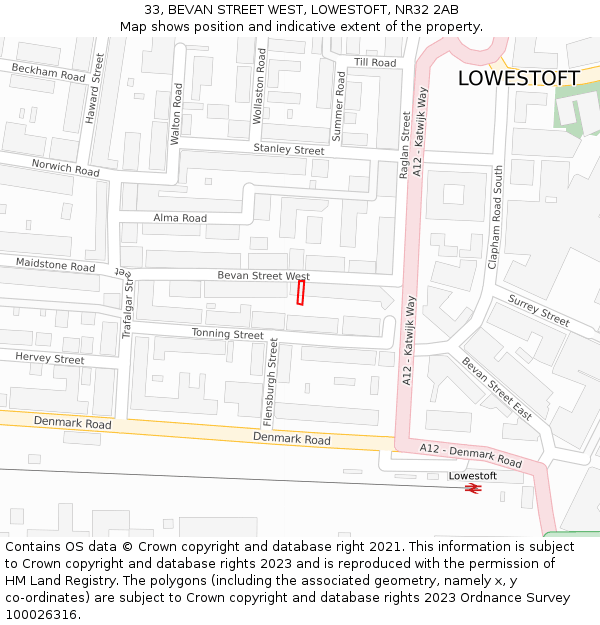 33, BEVAN STREET WEST, LOWESTOFT, NR32 2AB: Location map and indicative extent of plot