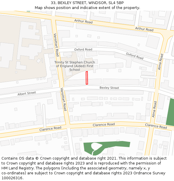 33, BEXLEY STREET, WINDSOR, SL4 5BP: Location map and indicative extent of plot