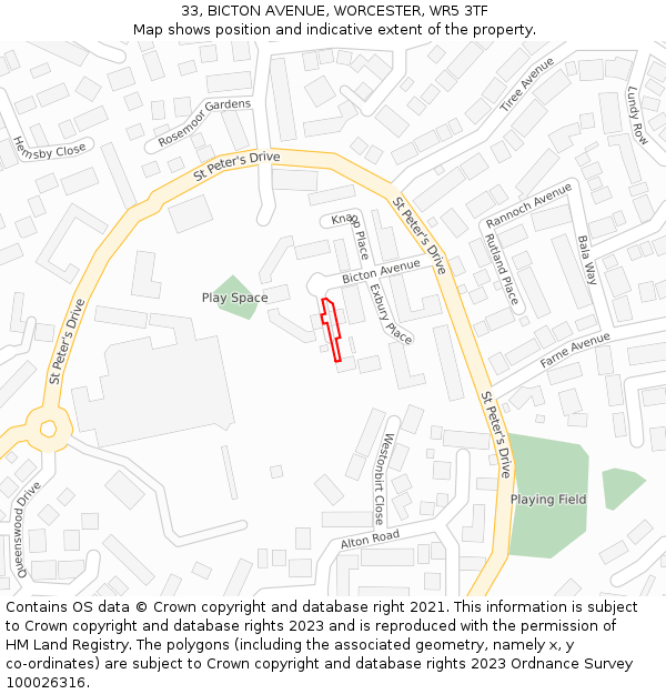 33, BICTON AVENUE, WORCESTER, WR5 3TF: Location map and indicative extent of plot