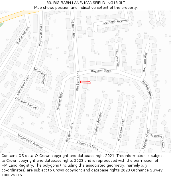 33, BIG BARN LANE, MANSFIELD, NG18 3LT: Location map and indicative extent of plot