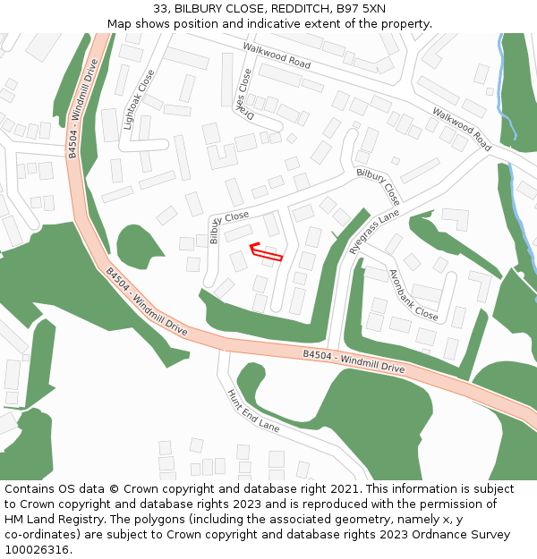33, BILBURY CLOSE, REDDITCH, B97 5XN: Location map and indicative extent of plot