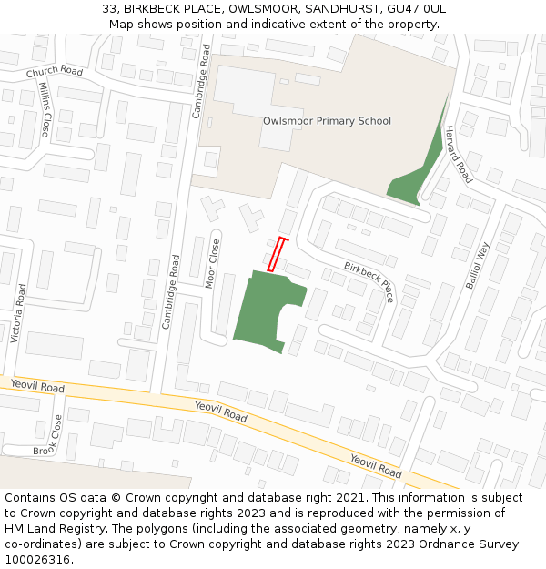 33, BIRKBECK PLACE, OWLSMOOR, SANDHURST, GU47 0UL: Location map and indicative extent of plot