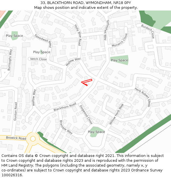 33, BLACKTHORN ROAD, WYMONDHAM, NR18 0PY: Location map and indicative extent of plot