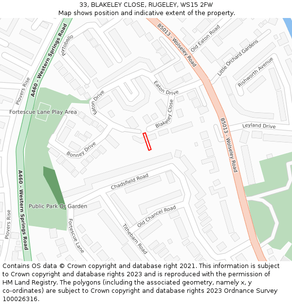 33, BLAKELEY CLOSE, RUGELEY, WS15 2FW: Location map and indicative extent of plot