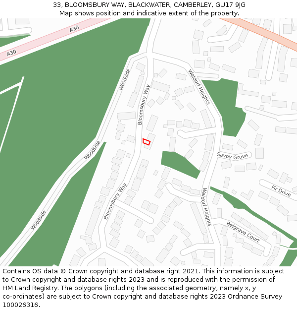33, BLOOMSBURY WAY, BLACKWATER, CAMBERLEY, GU17 9JG: Location map and indicative extent of plot