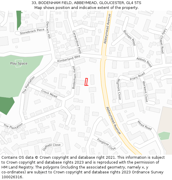 33, BODENHAM FIELD, ABBEYMEAD, GLOUCESTER, GL4 5TS: Location map and indicative extent of plot