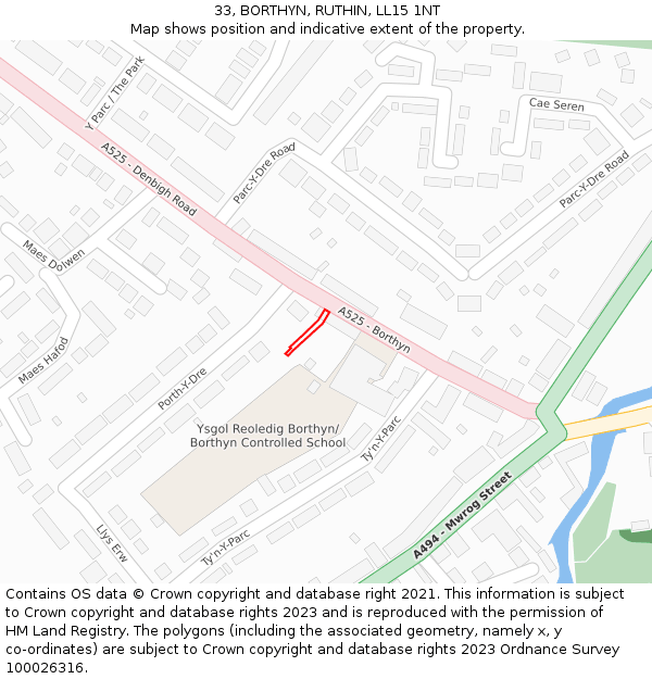 33, BORTHYN, RUTHIN, LL15 1NT: Location map and indicative extent of plot